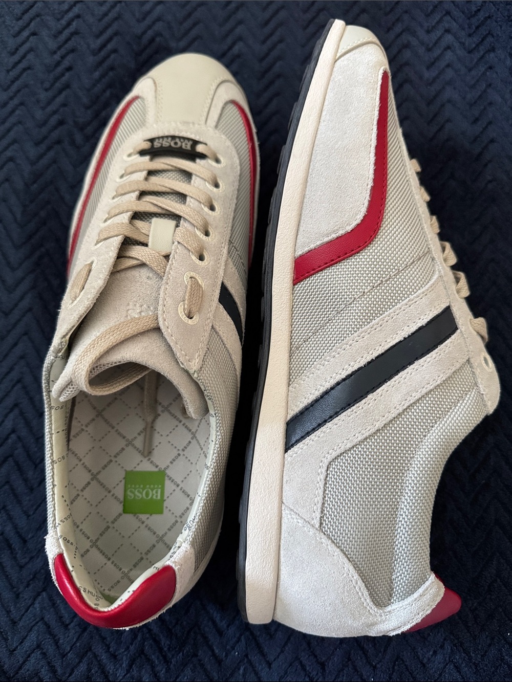 NWT! BOSS Men’s Beige Casual Sneakers with Red & Black Accents